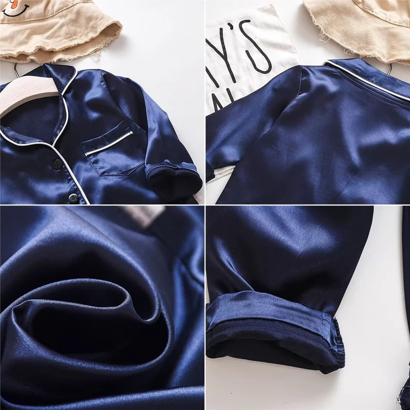 Koreanische Version des Kinder-Pyjama-Sets aus Seidensatin mit langen Ärmeln und Hose, zweiteiliges einfarbiges Cartoon-Set für männliche Babys.