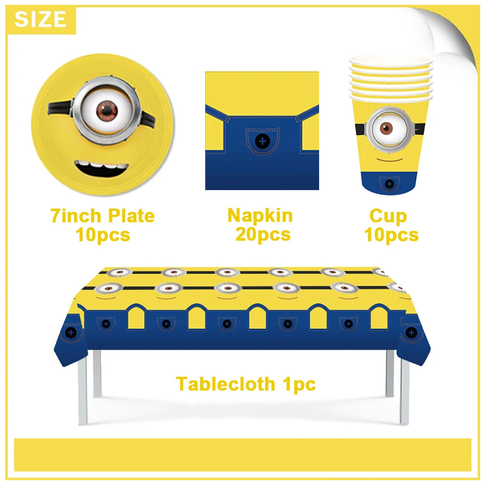 Cartoon M & Minions Geburtstag Party Dekoration Einweg Geschirr Tasse Teller Tischdecke Luftballons Gelb Große Augen Hintergrund Banner