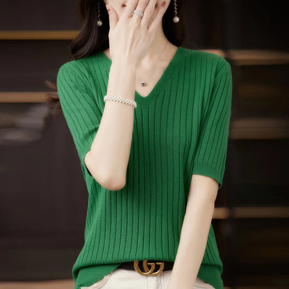 Frauen Pullover Frühling Sommer Kurzarm V-ausschnitt Strick Hemd Casual Koreanische Pullover Streifen Bodenbildung Shirt Slim Fit Jumper