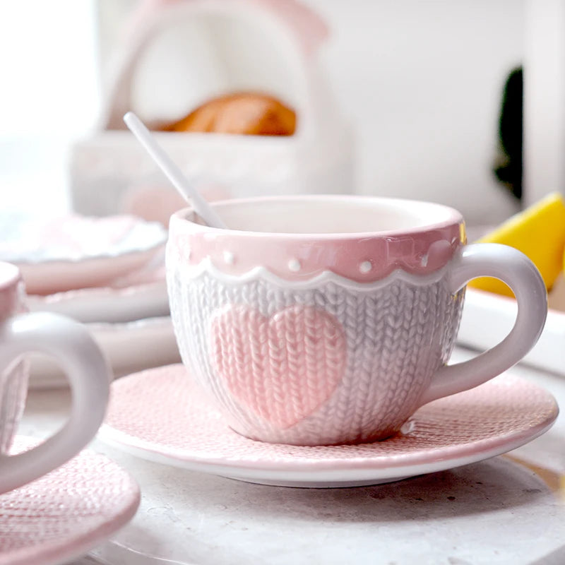 250ml Ceramic Tea Cup And Saucer Set Kawaii Bowknot Coffee Cup Dish Pink Wool Knitting Mug Microwave Safe.