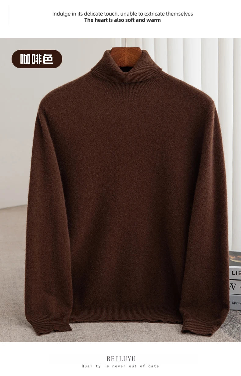 Men 100% Merino Wool Sweater Turtleneck Knitted Pullover Cashmere Warm Solid Color Clothes Business Bottoming Tops Autumn Winter