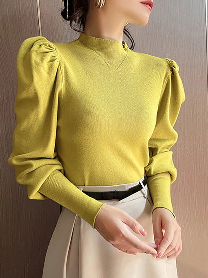 Herbst Winter Pullover Rollkragen Slim Fit Grundlegende Pullover Mode Koreanische Stricken Tops Puff Sleeve Damen Pullover Stretch Jumper