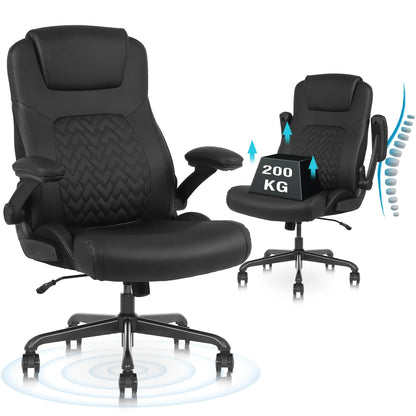 Ralex-Stuhl Ergonomischer Bürostuhl mit 200 kg Tragkraft, PU-Leder-Schreibtischstuhl mit Lordosenstütze und hochklappbaren Armlehnen,