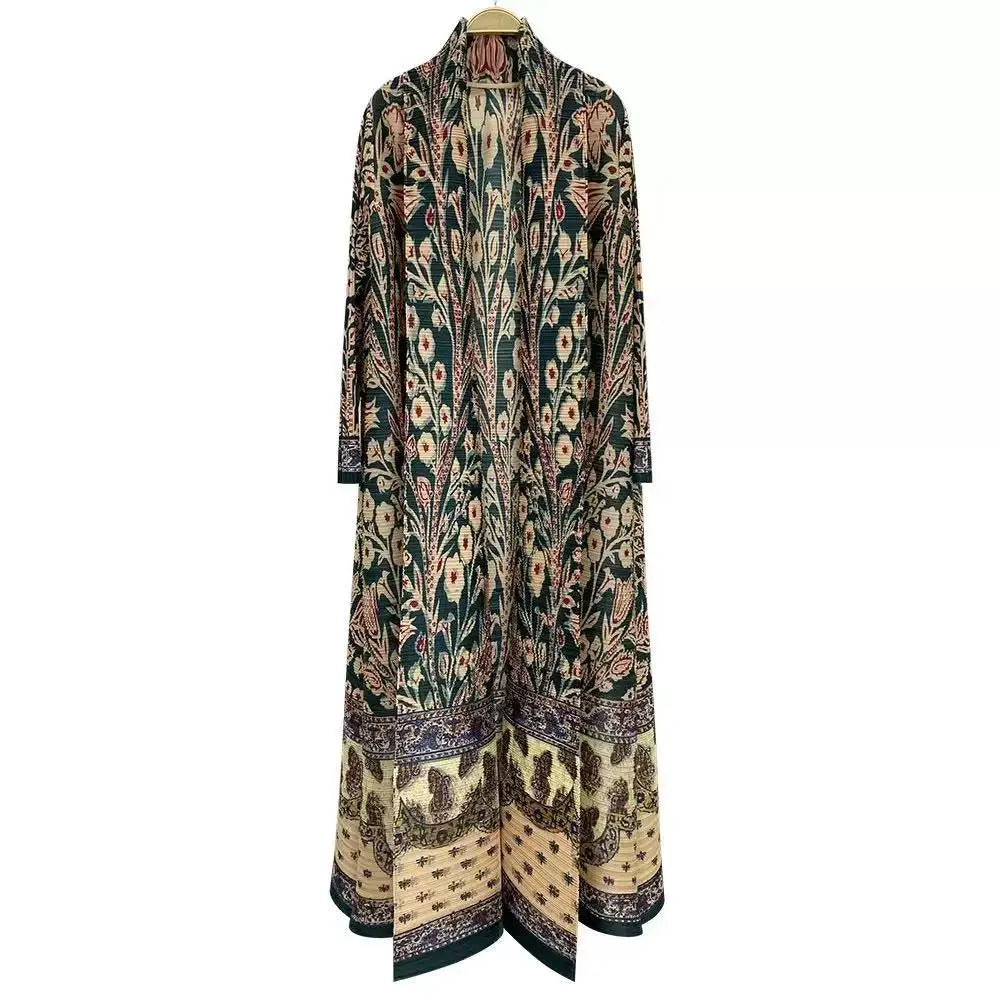 Abaya Miyake Pleated Printed Robe Jacket Arabian Dubai Style Women's Long Sleeve Conservative Demure Muslim Trench Coat 55inches