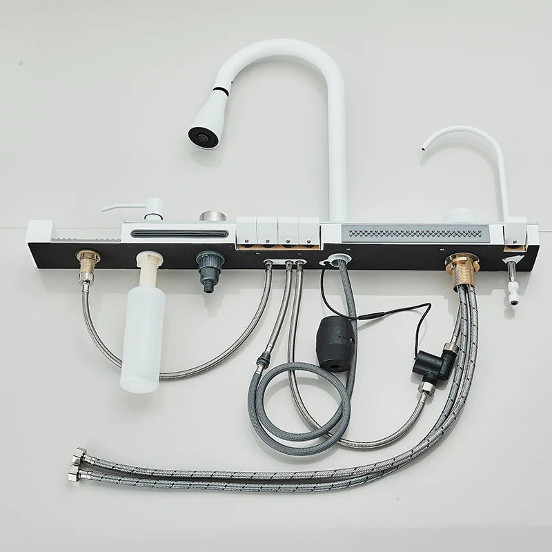 Multifunktionaler digitaler fliegender Regenhahn, weiß, doppelter Wasserfall, Edelstahl-Waschbecken, Küchenspüle, geprägt, großer Einzelschlitz