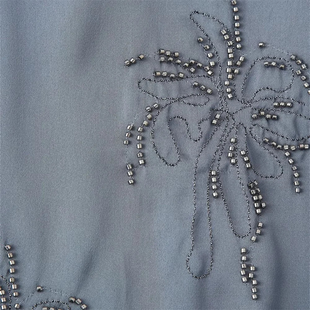 Summer New Product Women's Style Flip Collar with Beaded Embroidered Shirt, High Waist Straight Leg Pants Set.