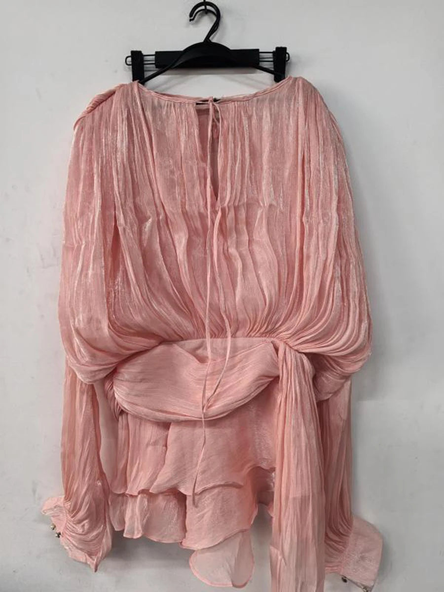 GALCAUR Solide Lose Splicd Lace Up Kleider Für Frauen V-ausschnitt Mit Langen Ärmeln Patchwork Rüschen Tunika Kleider Weibliche Mode Neue