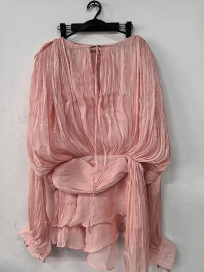 GALCAUR Solide Lose Splicd Lace Up Kleider Für Frauen V-ausschnitt Mit Langen Ärmeln Patchwork Rüschen Tunika Kleider Weibliche Mode Neue