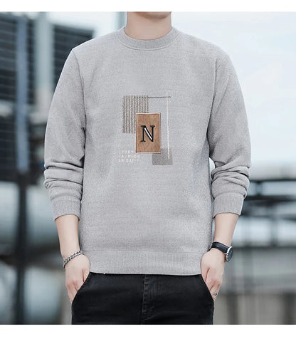 Autumn Winter Fashion Sweater Men's Round Neck Pullovers Fleece Thick Warm Jumpers Pattern Patchworked Men's Clothes.