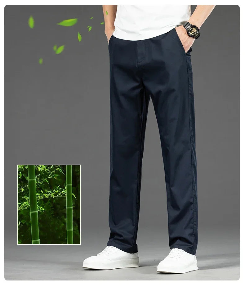 Thin Men Bamboo Summer Pants Casual High Quality Business Classic Fashion Stretch Slim Formal Straight Trousers Black Gray Khaki.