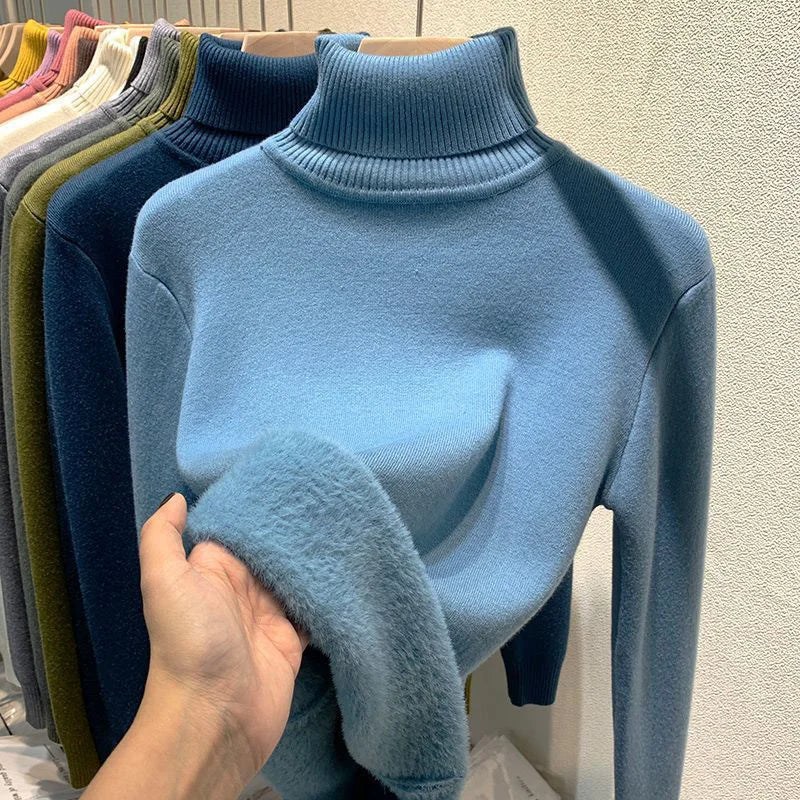 Rollkragen Winter Pullover Frauen Elegante Verdicken Samt Gefüttert Warme Sueter Gestrickte Pullover Schlank Tops Jersey Strickwaren Jumper Neue