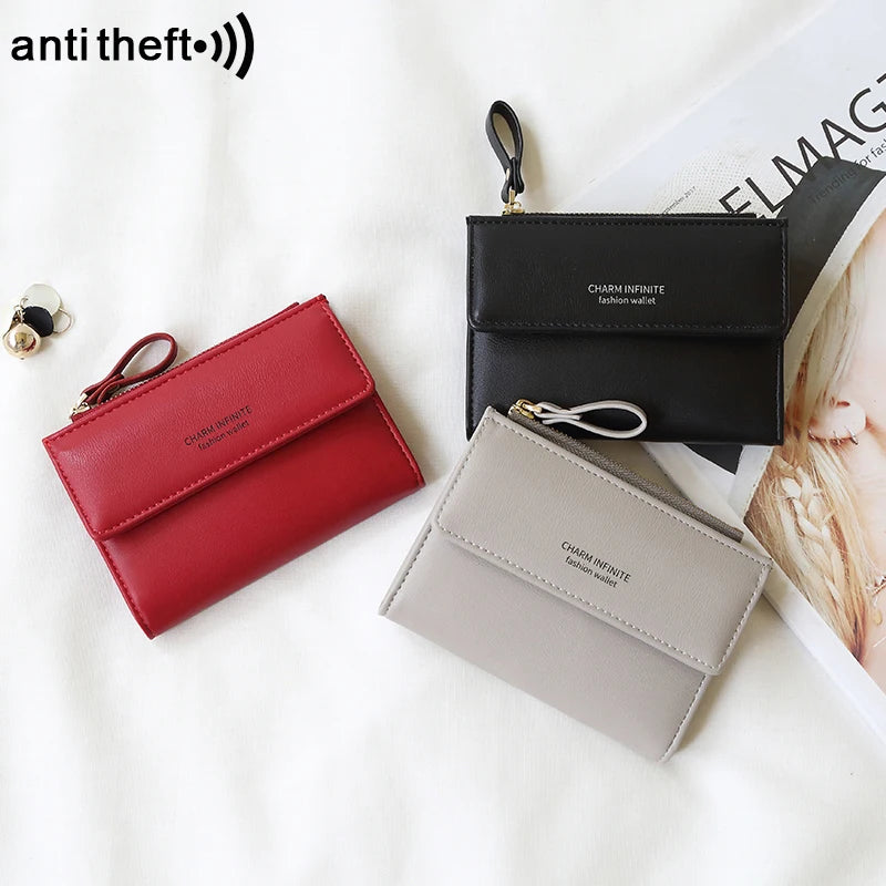 RFID Anti-Theft Short Card Bag for Women, Brush, PU, Solid Color, Zipper Buckle, Multi-functional Fashion, Small Purse.