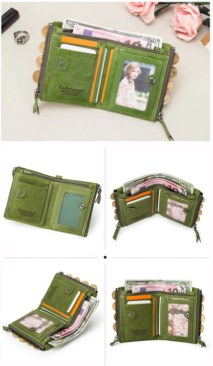 Fashion Genuine Leather Women Wallet Bi-fold Wallets Red ID Card Holder Coin Purse With Double Zipper Small Women's Purse 2022