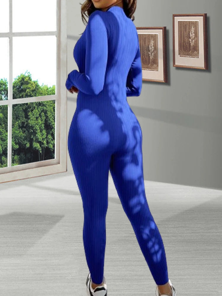 Woman Fall Tight Long Sleeved Zipped Slim-fitting Long Romper Female High Waist Solid Color Ribbed Sports Sexy Hot Girl Jumpsuit.