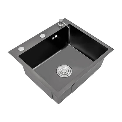 Stainless Steel Sink Kitchen Single Bowl Sink 50 x 45 cm Matte Black with Pipe & Soap Dispenser