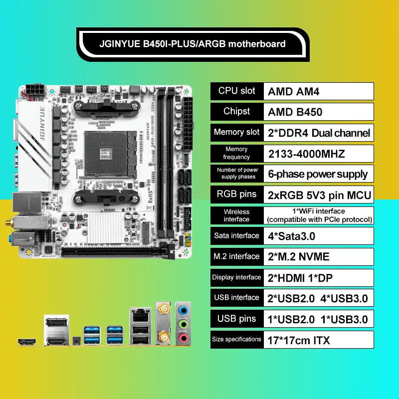 JGINYUE ITX AMD AM4 B450 ARGB Computer Motherboard supports DDR4 desktop RAM AM4 CPU slot NVME NGFF M.2 USB 3.0 VGA for Ryzen5.