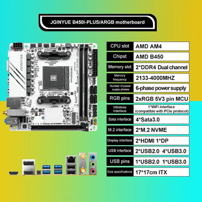 JGINYUE ITX AMD AM4 B450 ARGB Computer Motherboard supports DDR4 desktop RAM AM4 CPU slot NVME NGFF M.2 USB 3.0 VGA for Ryzen5.