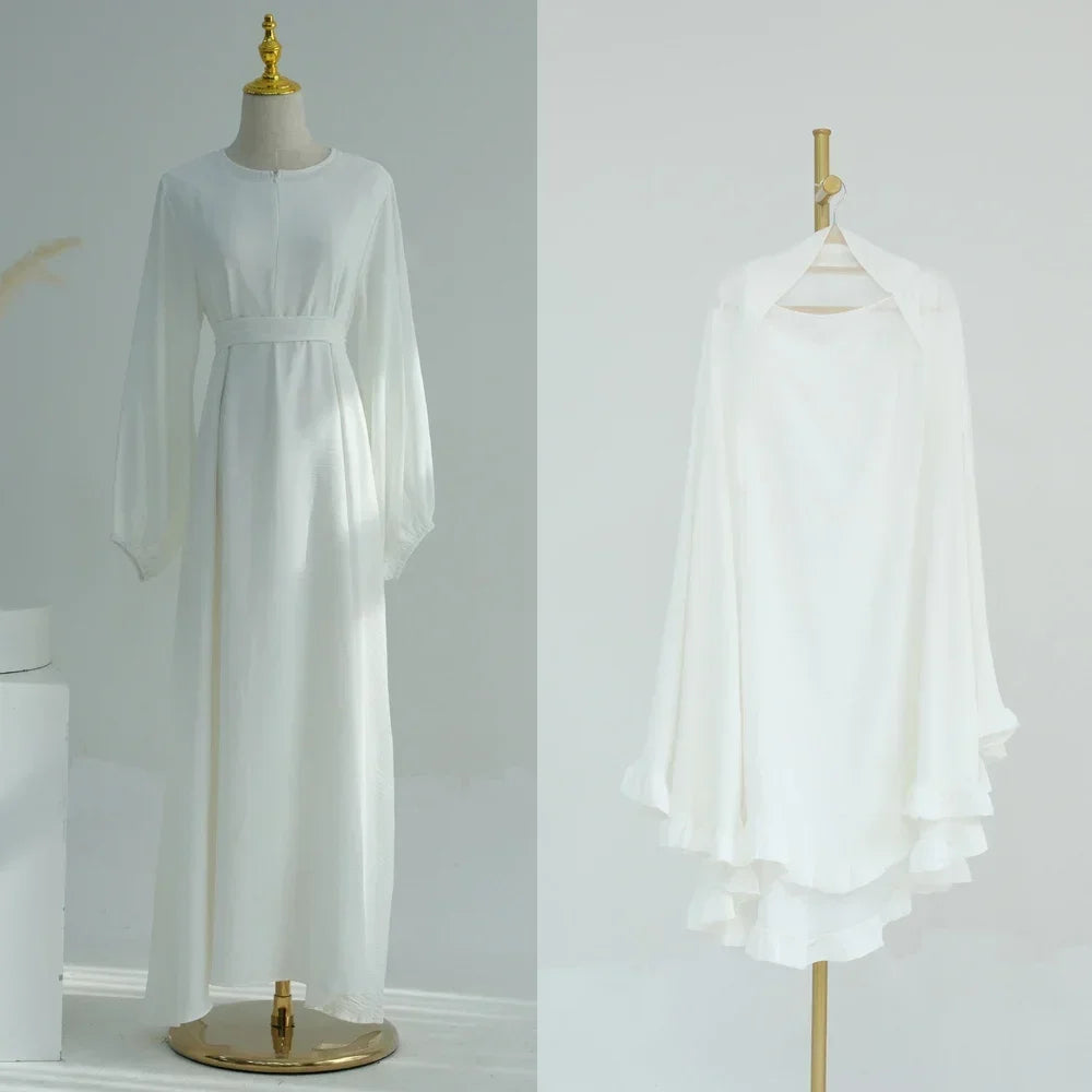 Muslim Woman Abaya with Khimar 2 Piece Set Crinkled Fabric Ruffles Hijab with Irregular Prayer Dress Islam Dubai Turkey Ramadan