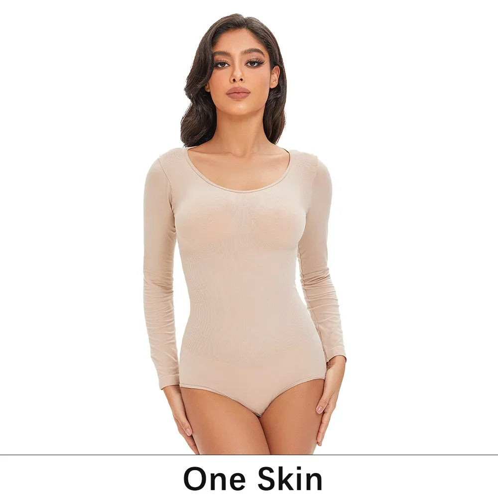 POKARLA Spandex Elastic Body Suit Shapewear Women Body Shaper Tummy Control Long Sleeve Open Crotch Round Neck Seamless Shapers.