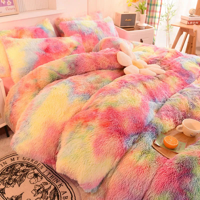 3Pcs Super Shaggy Coral Fleece Warm Cozy Princess Bedding Set Mink Velvet Duvet Cover Set Bed Comforter Cover Blanket Pillowcase.