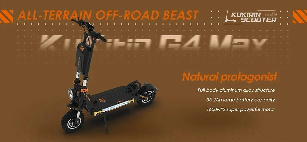 Original KuKirin G4 Max Off-Road Electric Scooter 2*1600W Motor 60V 35.2Ah 95km Max Range 86km/h Speed foldable Kick EScooter.