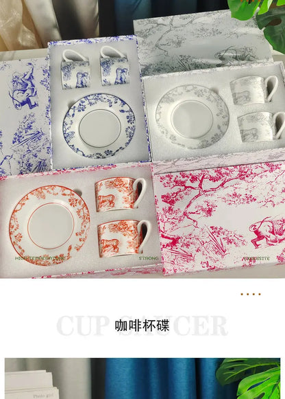Red, Blue, Gray Tiger Series  Animal Images Bone Porcelain Coffee Cup Plate European Afternoon Tea Cup and Saucer Set Gift Box.