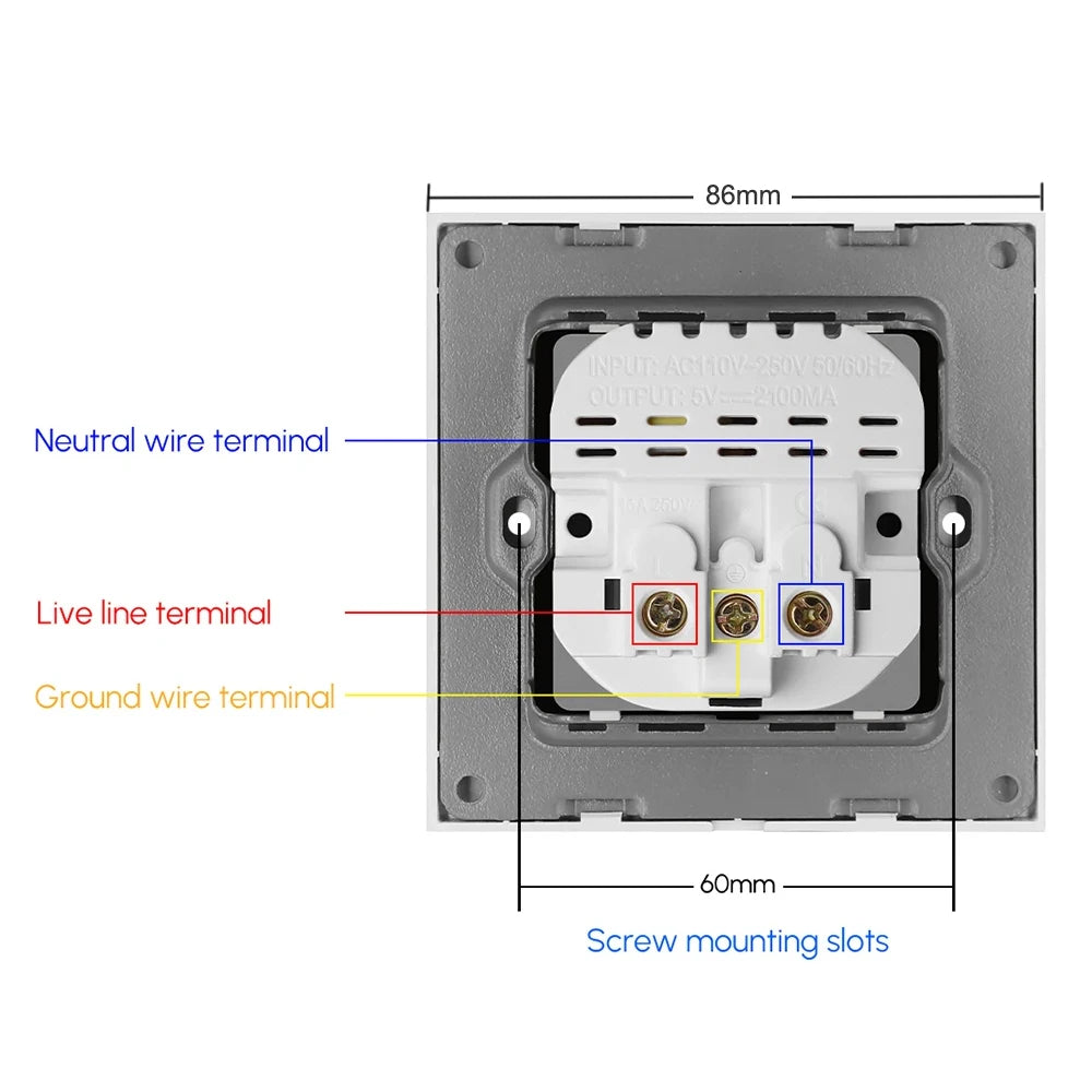 EU-Wand USB-Steckdose, 5V 2,1 A Steckdose, 86mm * 86mm 16a Dual-USB-Anschluss iOS Android-Telefon Ladeans chluss Steckdose.