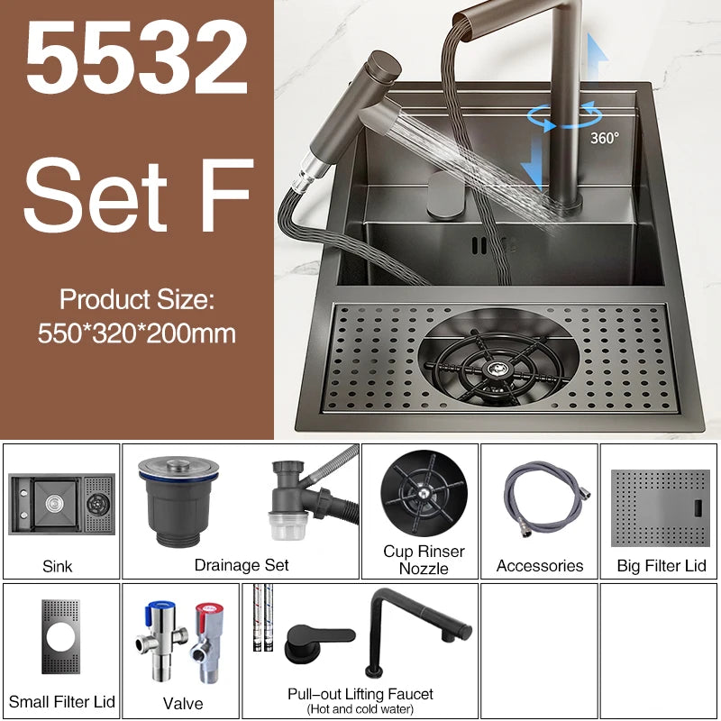 ASRAS Nano Black Small Size Kitchen Sink Cup Washer Hidden Bar Counter Cover Concealed Single Bowl Sinks With Lifting Faucet