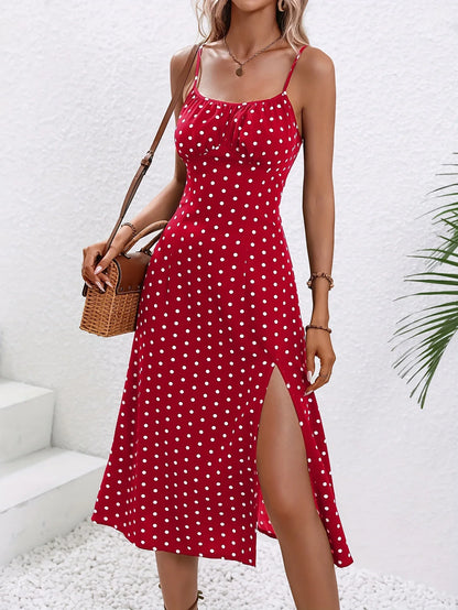 2024 sommer Sexy Spaghetti-trägern Kleid Frauen Mode Polka Dot Print Ärmelloses Schlitz Kleid Boho Casual Strand Midi Kleider.