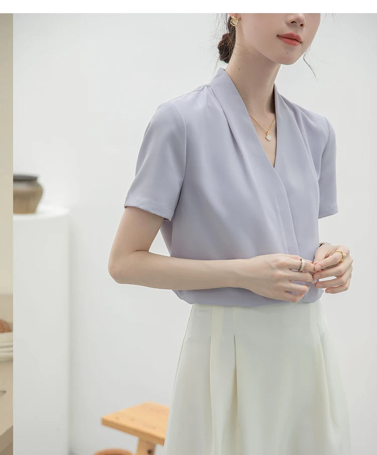 2025 Fashion Summer Short Sleeve V-Neck Women Blouse White Blouse Shirt Women Tops Blouses Shirts Blusas Para Mujer Camisas XL86.