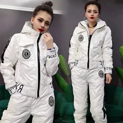 Mode Winter Glänzend Parkas Frauen Anzug Übergroßen Zwei Stück Set Casual Mit Kapuze Baumwolle Gepolsterte Kurzen Mantel + Verdicken Warme Hose Sets