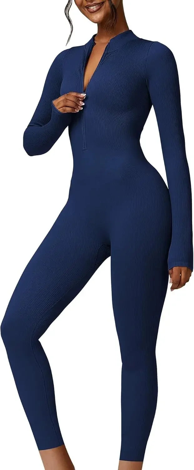 Seamless Long Sleeve Yoga Suit One-Piece Tightening Fitness Leisure Sports Jumpsuit with Zipper for Women.