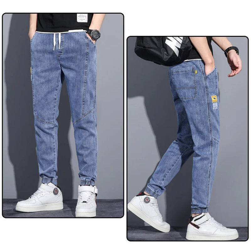 Men Jeans Elastic Tie Up Harem Denim Pants Male Bound Feet Designer Cargo Joggers Denim Trousers Daily Narrow Leg Casual Jeans.