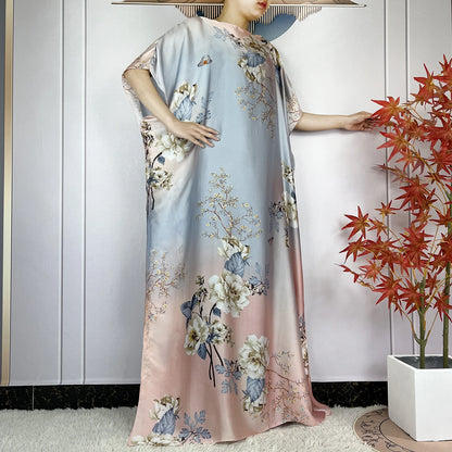 2024 New Dubai Summer Fashion For Women Printed Silk Soft Loose Femme Robe African Islam Maxi Woman Casual Dresses With Turban