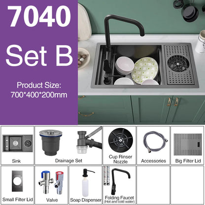 ASRAS Nano Black Small Size Kitchen Sink Cup Washer Hidden Bar Counter Cover Concealed Single Bowl Sinks With Lifting Faucet