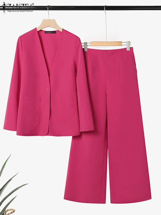 ZANZEA Autumn Fashion 2 Pieces Sets Women V-Neck Long Sleeve Blazer & Wide Leg Pants 2pcs Suits Office Commuting Solid Pant Sets.