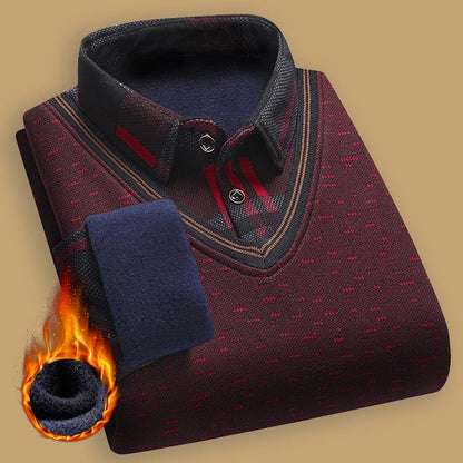 New Autumn Winter Sweaters Men's Velvet Pullover Knitted Bottom Shirts Men's Polo Pullover Wine Red Fleeced Knitwear.