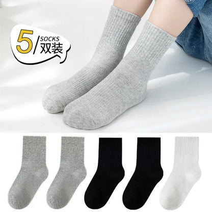5 Pairs Pure Cotton Children Boy Socks Black White Grey Solid Color Unisex Breathable Sports School Socks Baby Girl Calf Socks