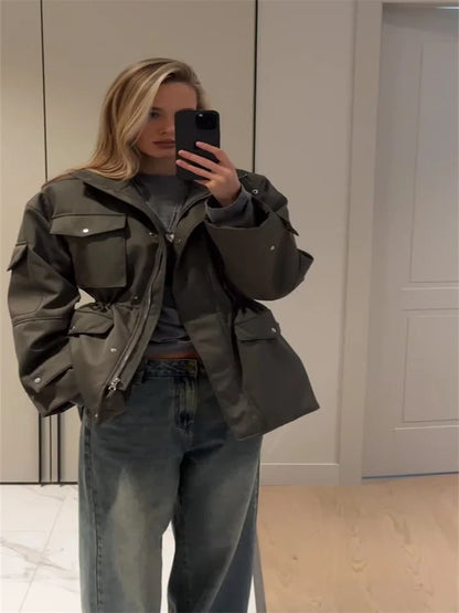 Damenjacken Vintage-Revers-Reißverschluss, große Taschen, Reißverschluss, volle Ärmel, Mäntel, Dame, 2025, modische neue Damen-Winterjacken, Oberbekleidung