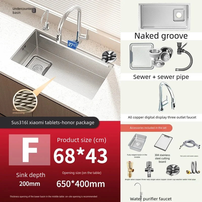 Kitchen Sink 316 Stainless Steels Large Single Slot Wash Dish and Wash Vegetable Bowl Brushed Surface Household Undermount Basin