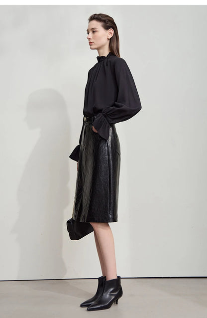 AMII Minimalist PU Leather Skirt For Women 2025 American Retro Knee-Length Skirt Solid Basics Business Women's Clothing 12553014