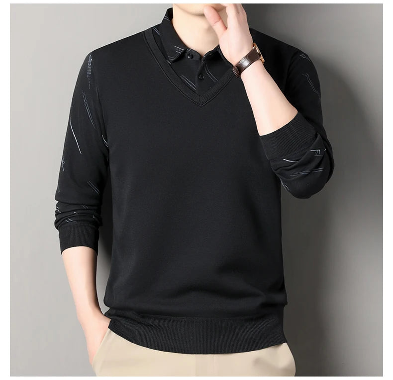 Men's Fleece Lining Sweater Autumn Winter Pullover Polo Shirt Collar Fake Two Piece Thick Warm Top Clothes Casual Knitwear.