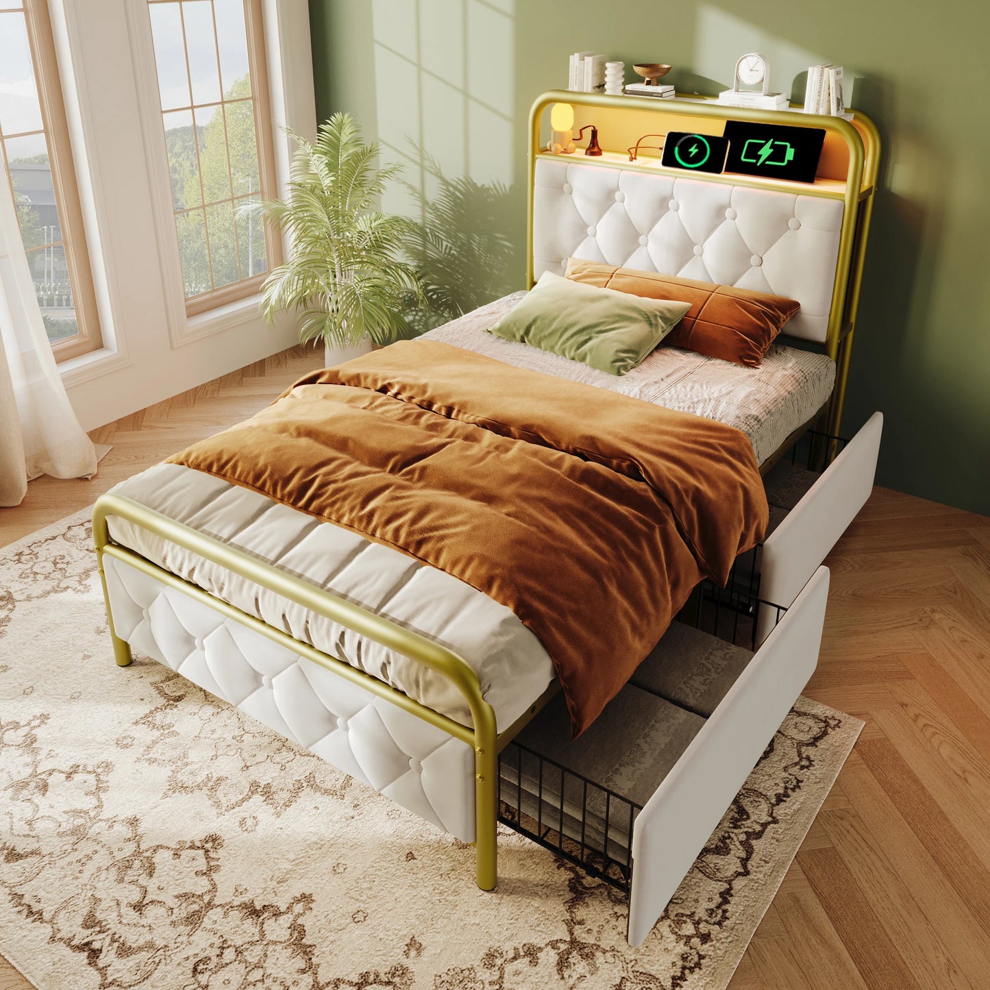 KOMHTOM Einzelbett 90x200 cm Samt - USB Type C Ladefunktion, APP-Control LED, 2 Schubladen, ohne Matratze