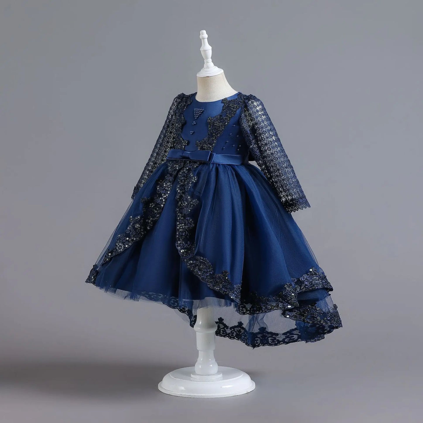 Party-Tüll-Kleider für Mädchen, langärmelig, Spitze, Perlen, nachgestelltes Prinzessinnenkleid für Kinder, Hochzeit, Geburtstag, Performance, Abendkleid