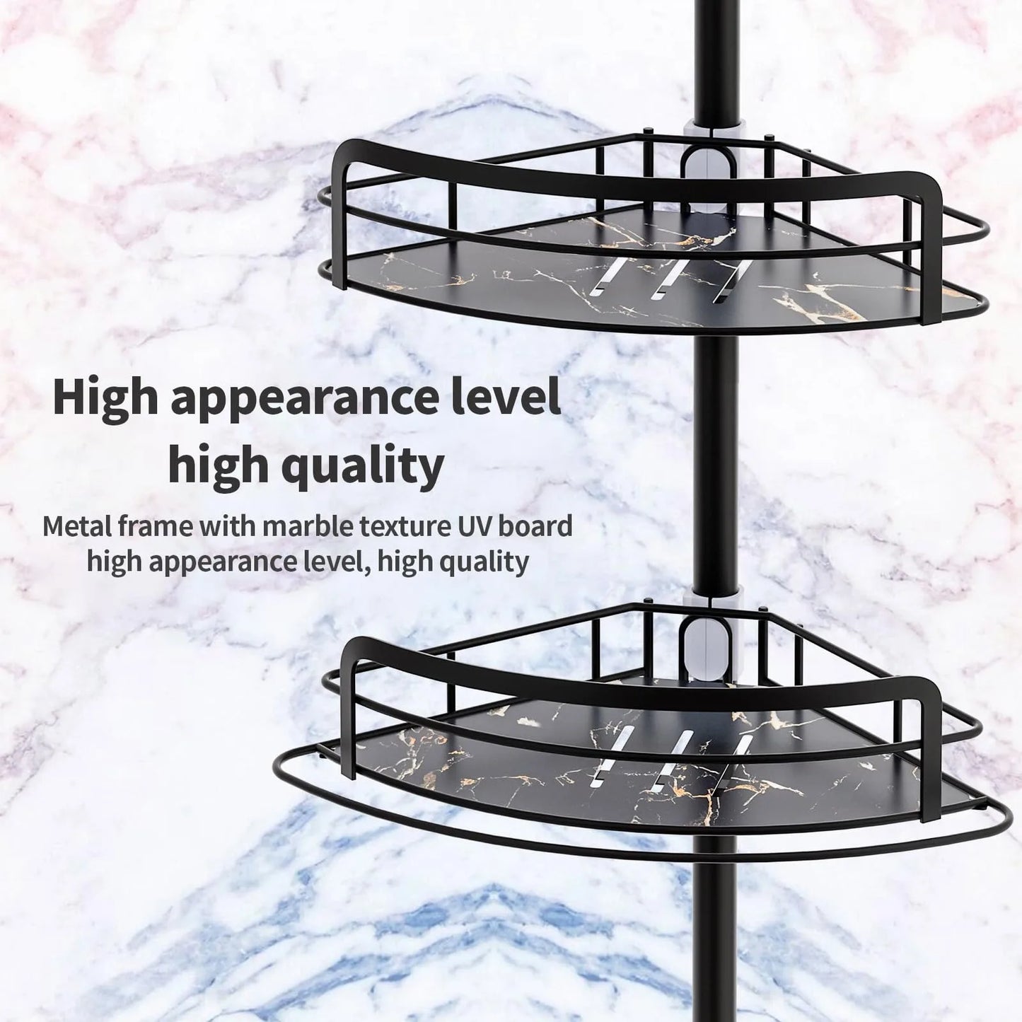 4-stufiges verstellbares Eck-Duschregal (82–296 cm) – kein Bohren, Spannstange, dreieckiger Organizer für Badezimmer, Küche, Aufbewahrung mit Haken