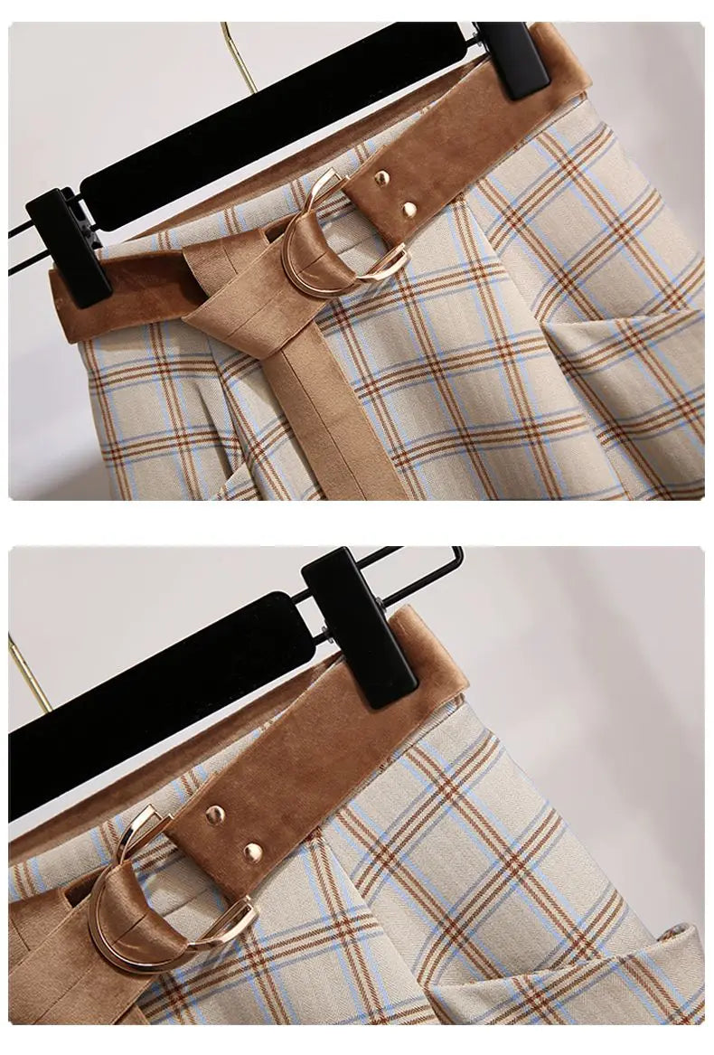 Plaid Vantage High Waist A-line Loose With Belt Pocket Women's Skirt Korean Fashion Mid-Calf Long Skirts For Women 2024 Spring.