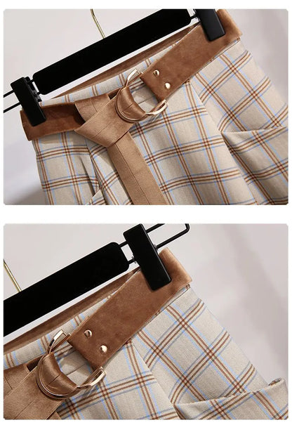 Plaid Vantage High Waist A-line Loose With Belt Pocket Women's Skirt Korean Fashion Mid-Calf Long Skirts For Women 2024 Spring.