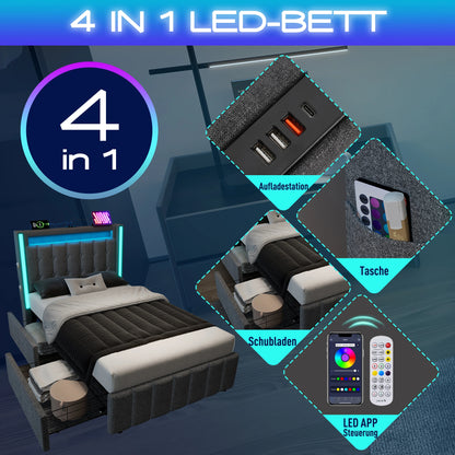 KOMHTOM Polsterbett Einzelbett Jugendbett 90x200 cm Grau - USB Typ C Ladefunktion, LED-Beleuchtung, 2 Schubladen, ohne Matratze