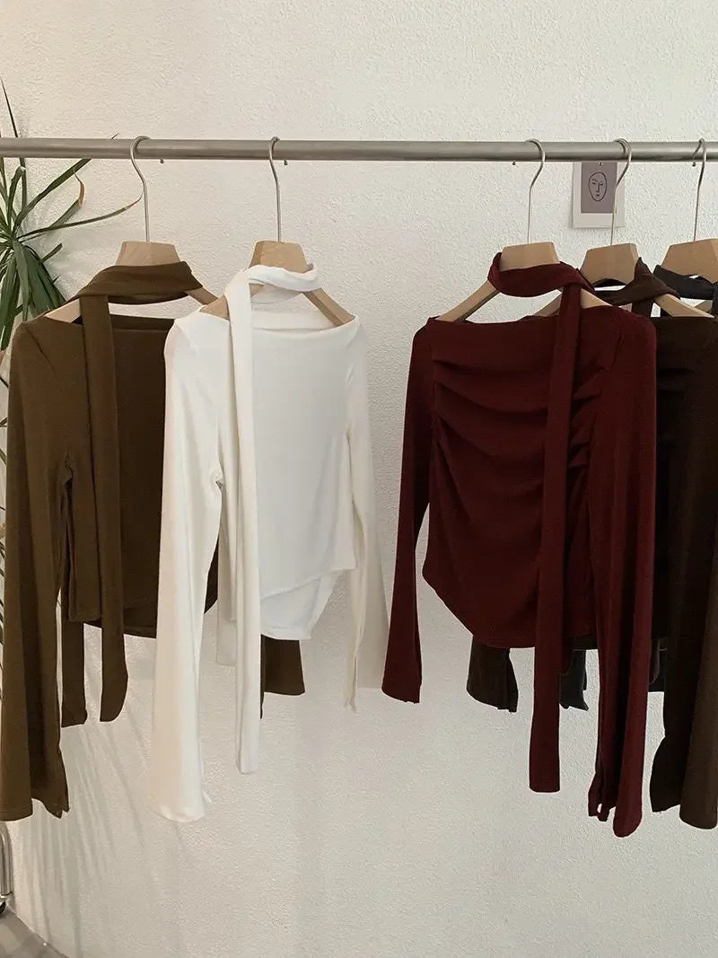 Elegant Long Sleeve Neck Hanging Sash Slim Fit T-Shirt Women's Red Black Other Pure Color Pleated Chic One Shoulder Top.