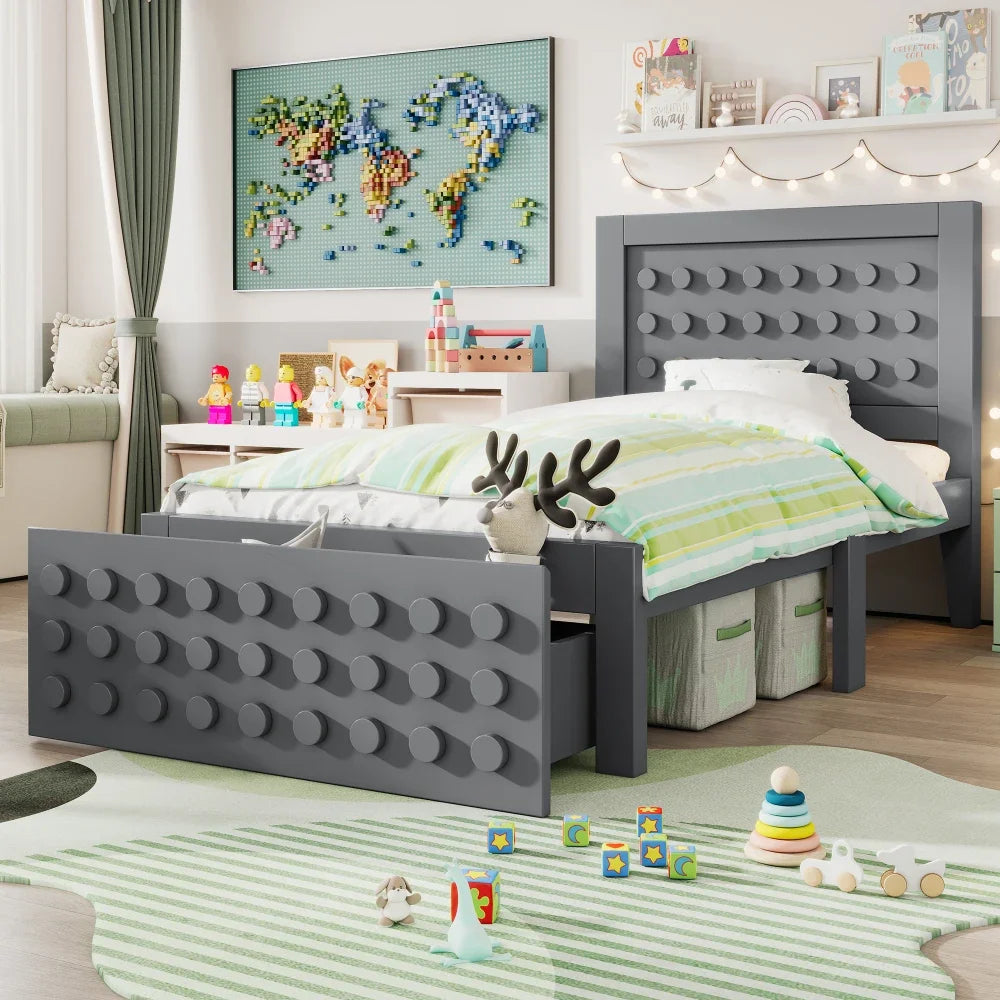 Jugendbett mit kreativem Blockdesign, Gestell aus Massivholz mit Gitterrost, mit Stauraum unter dem Bett, ohne Matratze